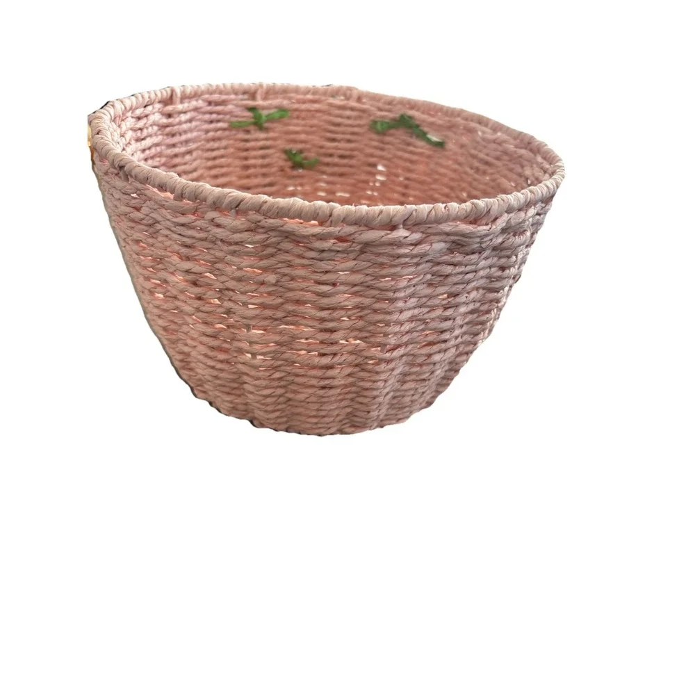 Pink Wicker Basket round With Leaves Top Opening 9.25